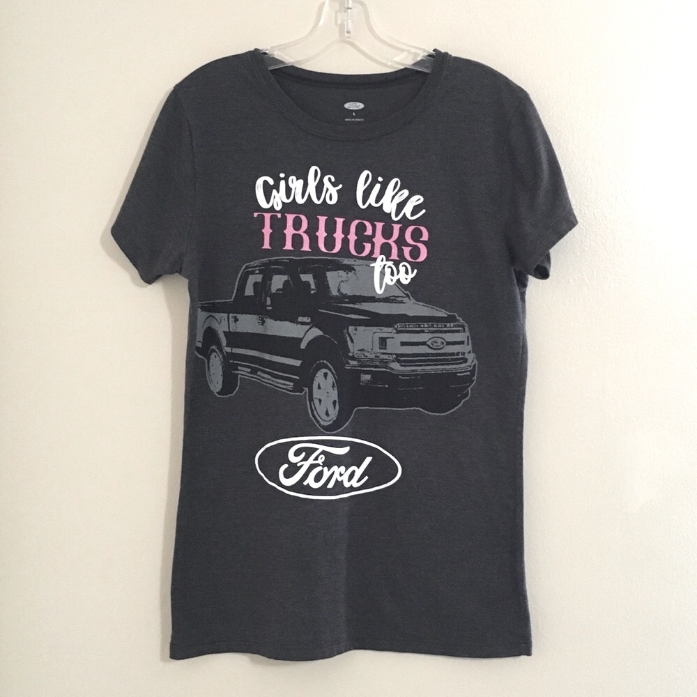 Ford Girls Like Trucks Too Large Gray Graphic Tee T-Shirt w/ Black Pink White